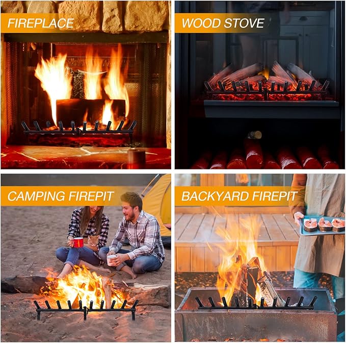 24 Inch Fireplace Grates of Metal, Solid Round Steel 3/4" Bar Grate for Fire Pit, Firewood Stove Log Holder Rack