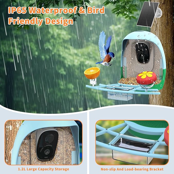 2025 New Smart Bird Feeder with Camera, 2.4GHz WiFi Solar Bird Feeder - 2K HD Live Video Camera AI Identify Birds, Instant Arrival Alerts, Birds Lover Gifts