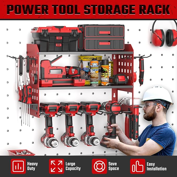 SPACECARE Power Tool Organizer, Drill Holder Wall Mount with 2 Side Pegboards with Hooks, 3 Layer Garage Organization Heavy Duty Tool Organizers Utility Rack for 4Drill Holders Red