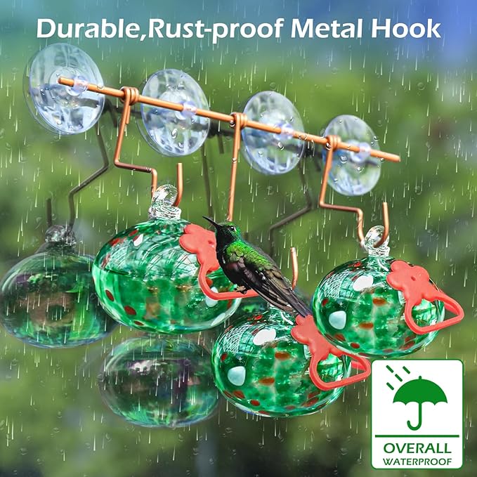 Window Hummingbird Feeder with Suction Cups,Hand-Blown Glass Hummingbird Feeders for Outdoors Window Mounted with Metal Hook,Close Bird Watching,Finch in Garden,Yard(Green)