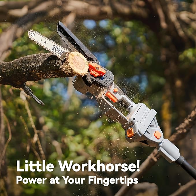 2-in-1 Pole Saw for Tree Trimming, 8 Inch Cordless Mini Chainsaw with Extension Pole, Brushless Motor, with 2 x 4.0 Ah Batteries & Charger, Auto Lubrication, 15 Ft Max Reach
