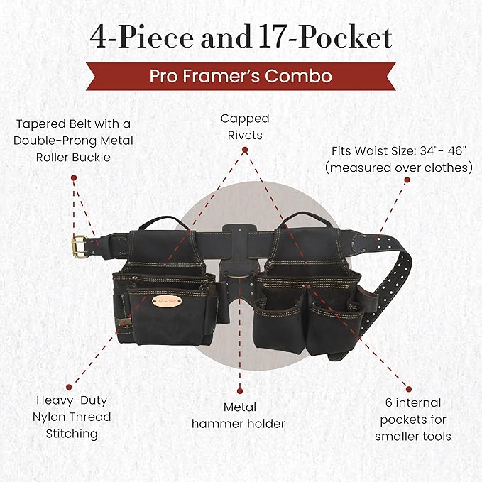 Style n Craft 4-Piece and 17-Pocket Pro Framer’s Combo, Tool Belt with 2 Tool Pouches and 1 Hammer Holder, Full-Grain Oiled Leather Tool Belt, Dark Brown (90429)