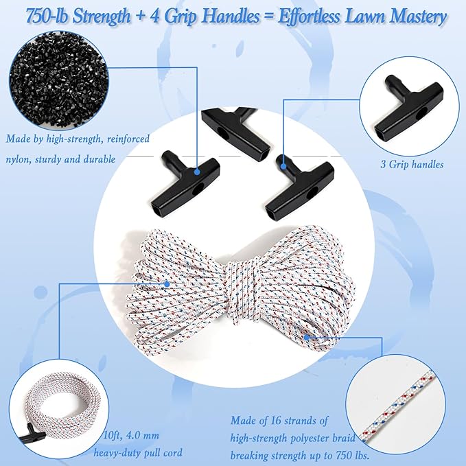 Heavy-Duty Pull Cord Rope Kit, 3Pack 10Ft 4.0MM Starter Rope with 3 Universal Handles for Lawn Mower Parts, Generator, Chainsaw, & Small Engines (for Briggs/Stratton/STIHL)