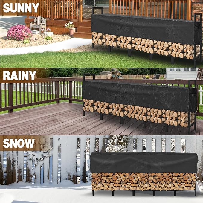 KYATE 8ft Firewood Rack Outdoor with Adjustable Cover Fireplace Wood Storage Indoor Heavy Logs Stand Stacker Holder Strong Lumber Racks Outside for Courtyard Patio