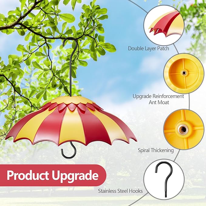 Bird Feeder Baffle 14" with Ant Moat, Beserie Large Bird Feeder Rain Guard Cover with Ant Guard & Shepherd Hooks, Attract Hummingbirds & Anti Squirrel/Sun/Rain/Snow/Ants (Red-Yellow, 14 inches, 35cm)