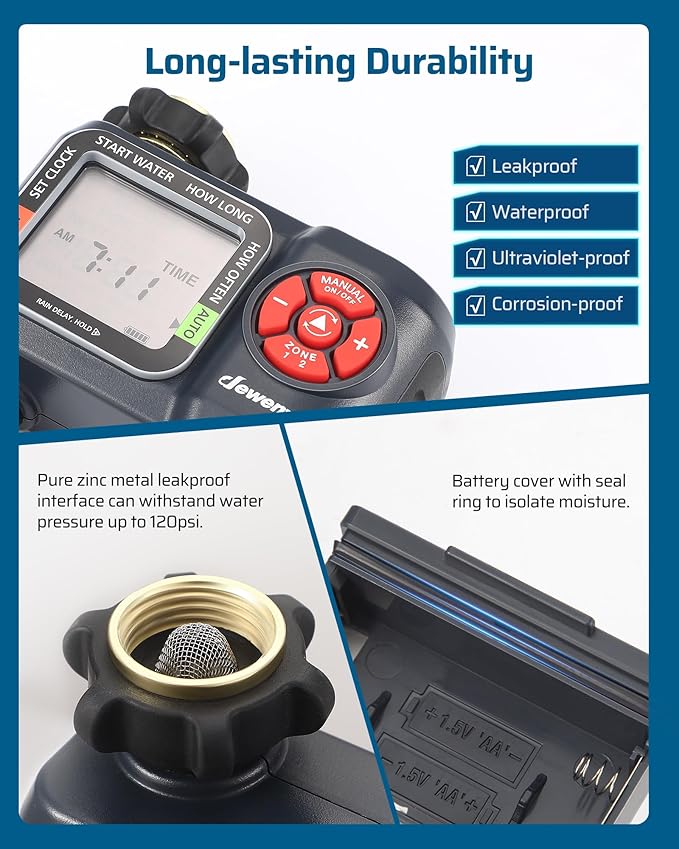 DEWENWILS 2-Zone Water Hose Timer – Programmable Sprinkler Timer with Rain Delay, Manual Watering & Auto Irrigation for Garden, Yard, or Lawn