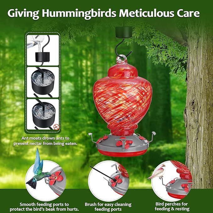 34 oz Hummingbird Feeder for Outdoors Hanging Ant Proof, Leak-Proof & All Weather Use Glass Bird Feeders with Hook & Rope & Brush, Unique Window Patio Yard Outside Garden Decor