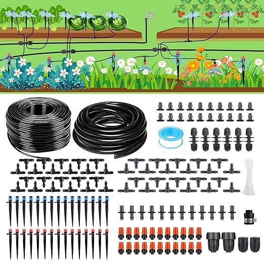 256FT Automatic Drip Irrigation System Kit,Automatic Garden Watering Misting System for Greenhouse, Yard, Plant ,Lawn with 1/2 inch Hose 1/4 inch Distribution Tubing and Accessories