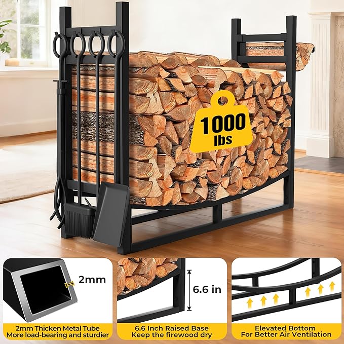 AMAGABELI GARDEN & HOME 30.7in Large Firewood Rack With Fireplace Tools Set Wrought Iron Indoor Outdoor Kindling Log Holder Heavy Duty Wide Wood Storage Log Rack Accessories Shovel Poker Tongs Broom