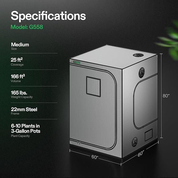 VIVOSUN G558 60"x60"x80" Grow Tent, 5x5 FT Advanced Gray Mylar Hydroponic Tent with 22mm Thickened Poles, Observation Window and Floor Tray for Plants for VSF6450