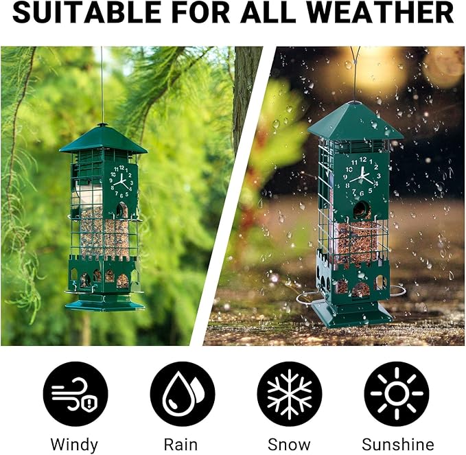 Squirrel Proof Bird Feeders Metal Mesh Anti Squirrel Wild Bird Feeder for Outdoors Hanging Weight Activated Waterproof for Finch Cardinal and Chickadee Easy to Fill, Decor Backyard (Green)
