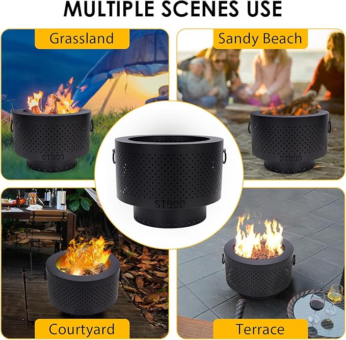 STBoo Pellet Fire Pit for Outside with Portable Carrying Storage Bag, 15x11Inch Smokeless Fire Pits Outdoor Wood Burning, Low Smoke Camping Stove for Bonfire Picnic Backyard Cooking on Beach, Black, M