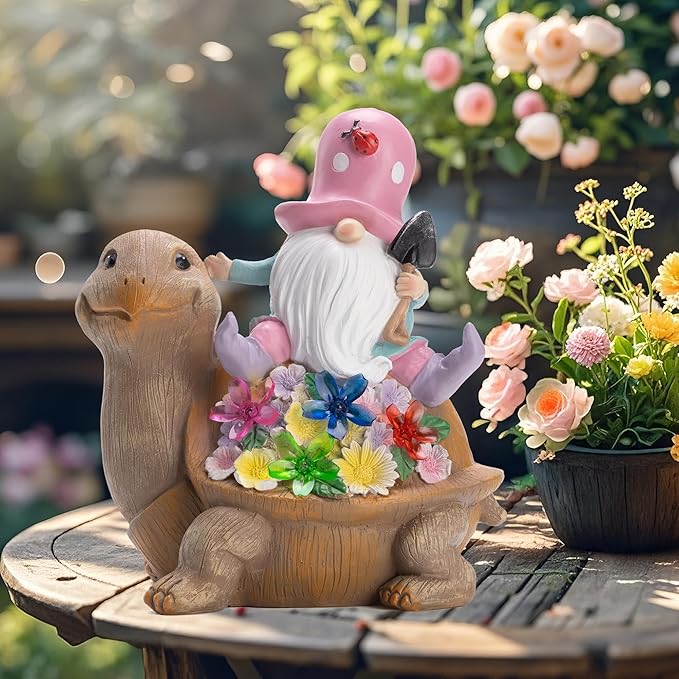 Solar Garden Outdoor Statue Turtle Gnome with Succulent and LED Light - Patio,Lawn,Garden,Tortoise Statue for Patio,Unique Housewarming Gifts