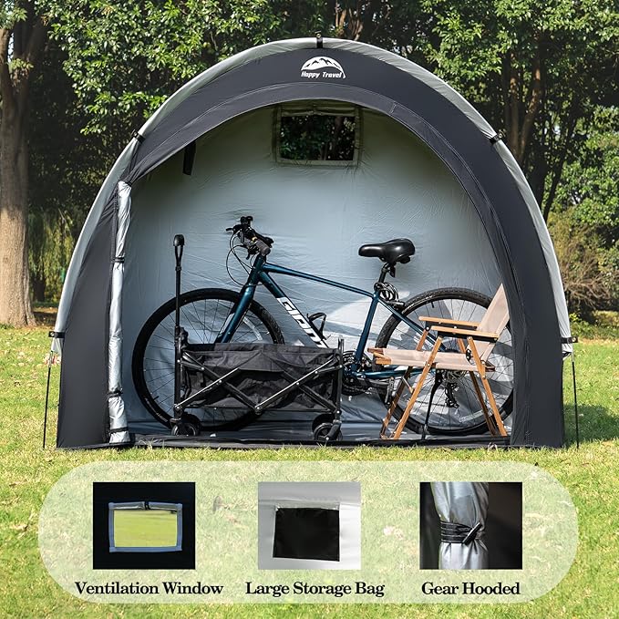 Happy Travel Bike Storage Tent Shed, Outdoor Waterproof Bicycle Covers Shelter with Window for 2/4/6/8 Bikes,Oversized Outside Portable Sheds for Lawn Mower,Garden Tools (Black)