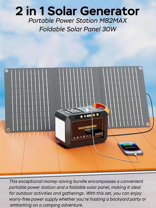 MARBERO 111Wh Solar Generator with Solar Panel Included Portable Power Station 120W with Foldable Panel 30W Set for Camping Outdoor Hiking Fishing Emergency