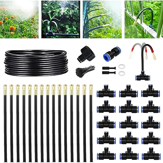 49.21Ft Greenhouse Drip Irrigation Kit Automatic Irrigation System 360ยฐAdjustable 15 Brass Spray Nozzles 8mm Irrigation Tubing Hose Patio Misting Plant Watering with Blank Distribution Tubing Hose