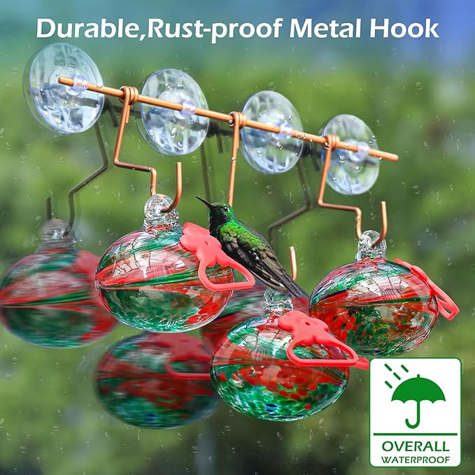 Window Hummingbird Feeder with Suction Cups,Hand-Blown Glass Hummingbird Feeders for Outdoors Window Mounted with Metal Hook,Close Bird Watching,Finch in Garden,Yard(Red)