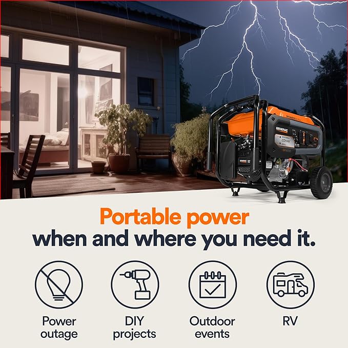Generac 10,000/8,000-Watt Portable Gas Generator - Electric Start - Home Backup or RV Ready - Heavy Duty Frame - Quiet, Long Runtime, Emergency Power - 49-State Compliant