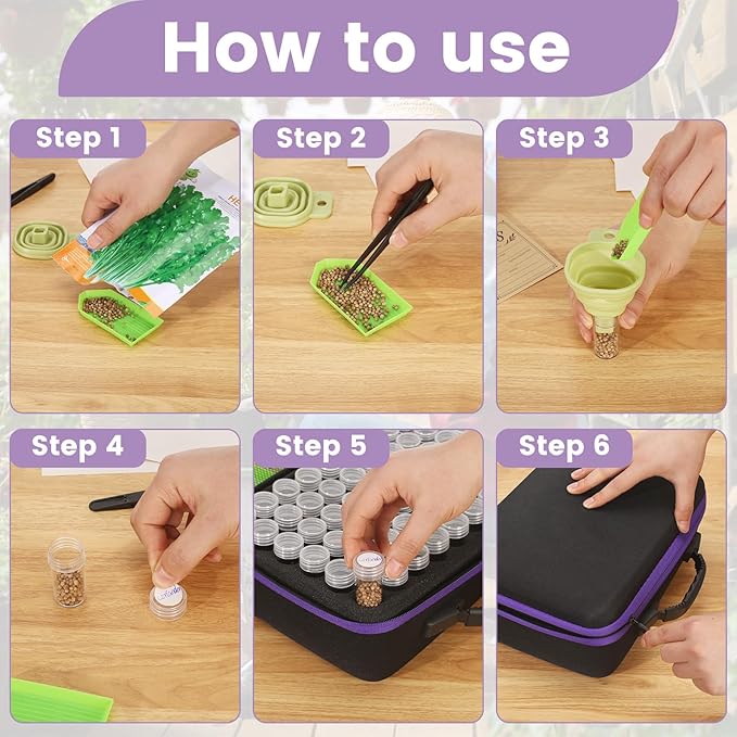 120 Slots Seed Storage Box with 25 Envelopes and Tools, Large Sturdy Storage Organizer for Garden Plant Seeds, Seed Bank with Zipper, Label, Funnel, Tweezers, Tray (Seeds Not Included)