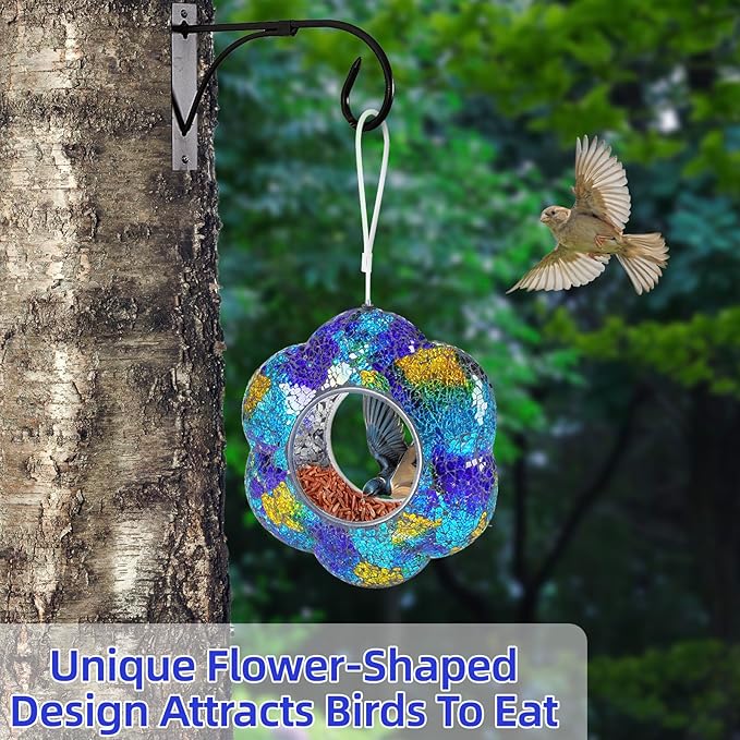 VOREEN Mosaic Bird Feeder, Fly Through Bird Feeders for Outdoor Hanging, Glass Wild Bird Feeder, for Garden Yard Backyard Deck and Porch, Gift for Mom Wife Friend, Blue Flower, 8"