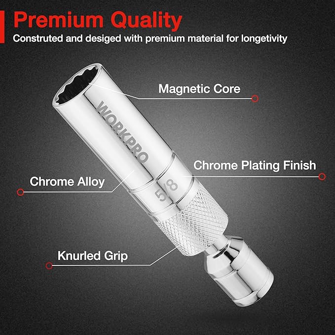 WORKPRO 5/8" Magnetic Spark Plug Socket with Magnetic Design, Swivel Thin Wall Spark Plug Socket, 3/8" Drive x 4" Total Length, 360 Degree Swivel, 12 Point