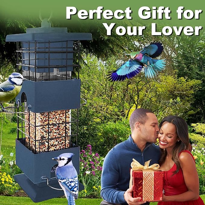 Squirrel Proof Bird Feeder for Outdoors,3Lbs Metal Birdfeeders Squirrel Proof with 4 Feeding Ports for Outside, Birds Seed Feeder for Cardinal, Finch, Sparrow,Bluejay (Blue)