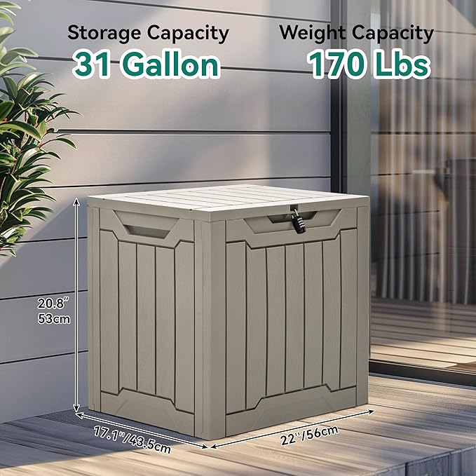 YITAHOME 31 Gallon Resin Deck Box Outdoor Storage Box and Waterproof Package Delivery Box with Lockable Lid forPatio Furniture, Garden Tools, Pool Supplies, Taupe