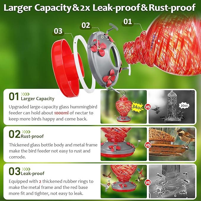 34 oz Hummingbird Feeder for Outdoors Hanging Ant Proof, Leak-Proof & All Weather Use Glass Bird Feeders with Hook & Rope & Brush, Unique Window Patio Yard Outside Garden Decor