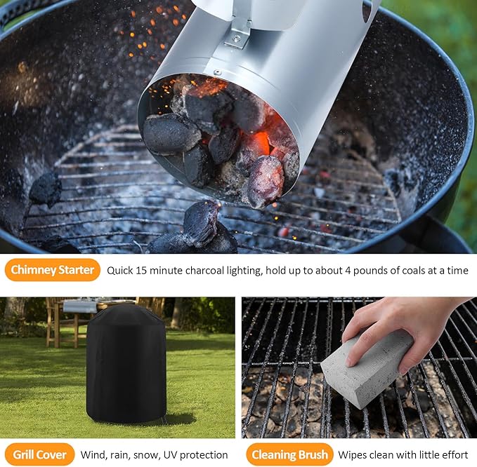 18 inch Kettle Charcoal Grills, Leonyo Portable BBQ Charcoal Grill for Outdoor with Cover & Chimney Starter, Griddle Accessories for Camping, Patio, Backyard Cooking - 254 Sq.in