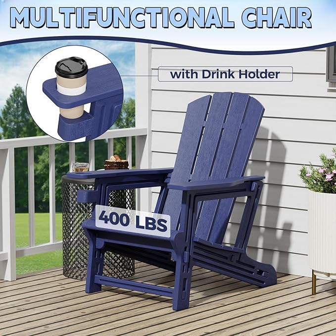 Adirondack Chair Set of 2, Plastic Adirondack Chairs, Outdoor Weather Resistant Lawn Furniture, Fire Pit Chair with Cup Holder for Garden Patio Without Screws Install, 400 LBS Capacity, Navy Blue