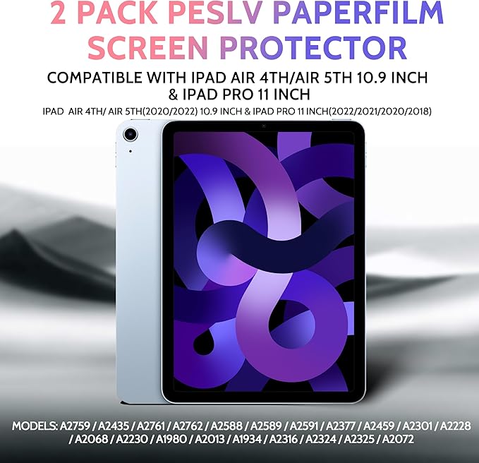 2 Pack Like Paper Screen Protector for iPad Air 5th & Air 4th (10.9 Inch)/ iPad Pro 11 (2022/21/20/18), Matte Anti Glare PET Film/Blue Light Filter/Drawing & Writing Feel Like on Paper
