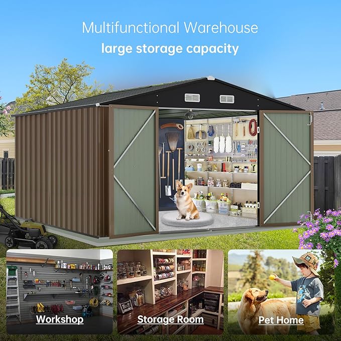 Garvee 12×10FT Outdoor Storage Shed, Metal Waterproof Garden Storage Shed Galvanized Steel Utility Tool Shed with Lockable Doors & Vents, All-Weather Shelter for Bike/Kids Car/Mowers/Tool, etc. Brown