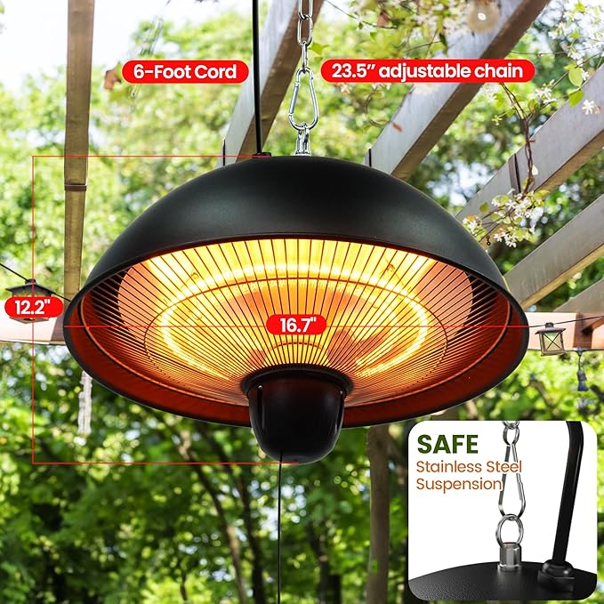 Hanging Patio Heater, Outdoor/Indoor Electric Infrared, Ceiling Heater with 3 Adjustable Modes 600W/900W/1500W.
