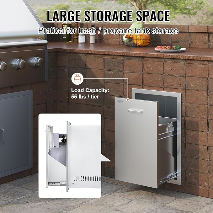 VEVOR Outdoor Kitchen Trash Drawer 16Wx22Hx16 D, Propane Tank Drawer, Stainless Steel Pull Out Trash Drawer with Handle, Outdoor Kitchen Cabinets Trash Can Pull Out, Outdoor BBQ Island Trash Bin
