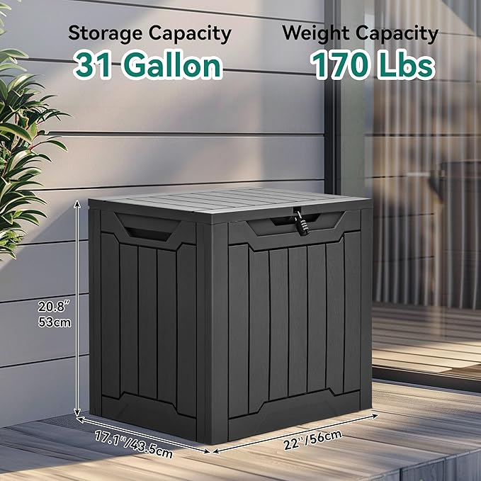 YITAHOME Outdoor Resin Storage Box 31 Gal, Water-resistant Patio Deck Box Outdoor Storage Box for Pillows, Garden Equipment, Securely Lockable, Black