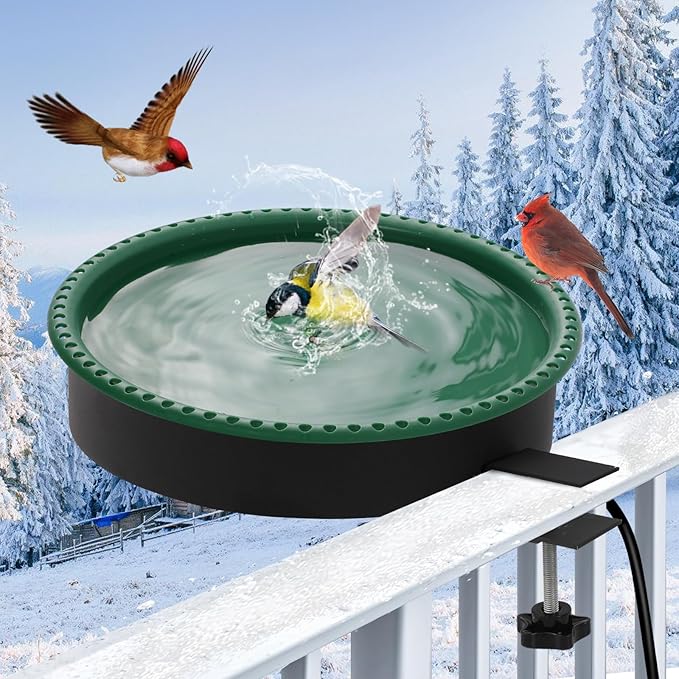 2 in 1 Heated Bird Bath for Outdoors for Winter,100W Bird Bath Heater with Thermostatically Controlled,Heated Bird Bath for Deck Railing for All Seasons Outdoor Garden Yard Patio Lawn(Green)