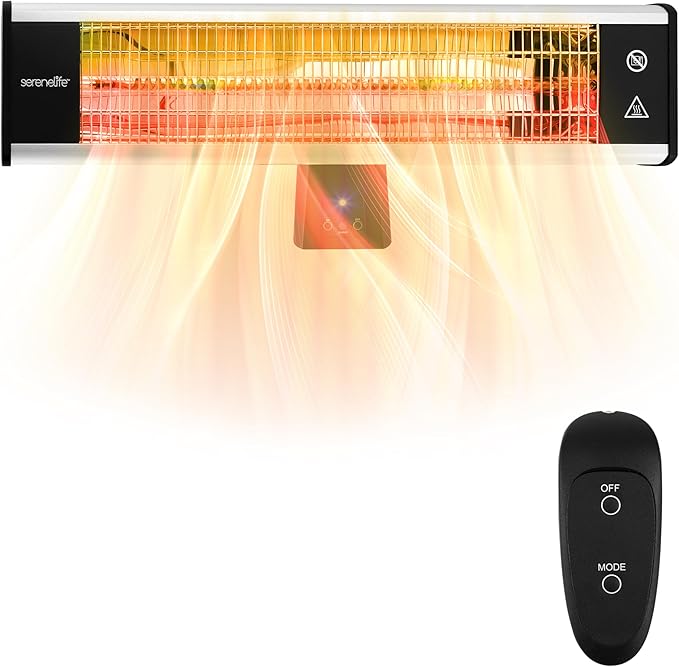 SereneLife Infrared Patio Heater, Wall-Mounted Electric Heater with Remote Control, 1500W, IP65 Approved, Odorless, Indoor/Outdoor for Patio, Restaurant, Backyard, Garage, Decks
