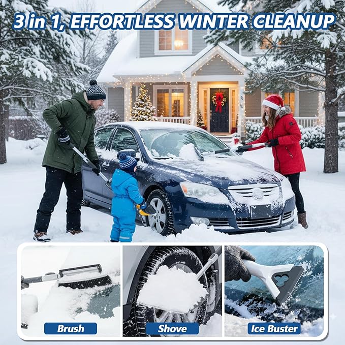 Car Snow Brush and Ice Scraper, 3-in-1 Extendable Snow Shovel with Wide Head Snow Shovel and Ice Scraper 180° Pivoting Snow Brush Head for Car Windshield, Durable Snow Remover with Foam Grip