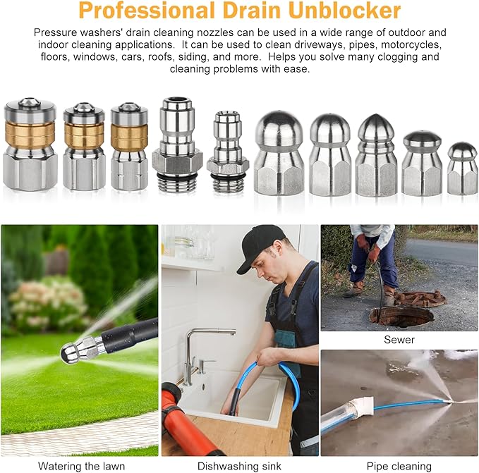 10Pcs Sewer Jetter Kit,Sewer jetter Nozzle, Sewer Rotary Button Pressure Cleaning Accessory, 5000 PSI High-Pressure Nozzle Heads Quick Connection Kit.
