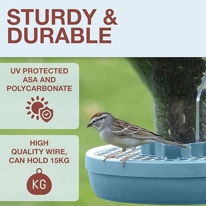 SWISSINNO No Mess Bird Feeder Davos Smart Birds - No Spill Bird Feeder for Outdoor - Mice & Rat Proof - Robust & Reliable for Hanging - Dual Food Chambers - Made in EU - Light Blue