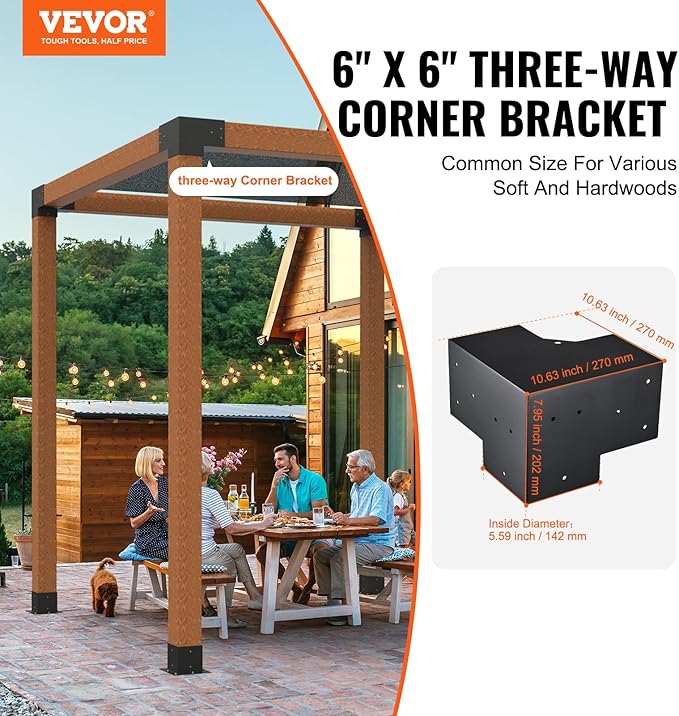 VEVOR Pergola Bracket Kit 6''x6''(Inner Size 5.6x5.6), 4pcs 3-Way Heavy Duty Corner Bracket Woodworks DIY Post Base Kit, Easy Installation Wooden Beams for Gazebos, Patio Pergolas, Log Cabin Outdoor