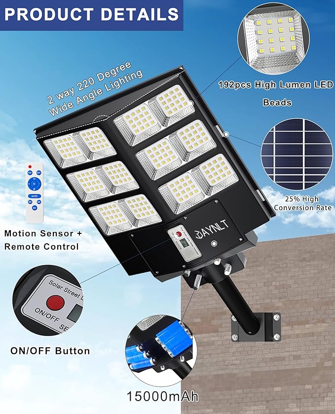 JAYNLT Y-2000W Solar Street Lights, 200000LM 6500K Outdoor Dusk to Dawn, IP67 Waterproof Solar Security Lights with Motion Sensor and Remote Control for Garage, Farm (2-pack)