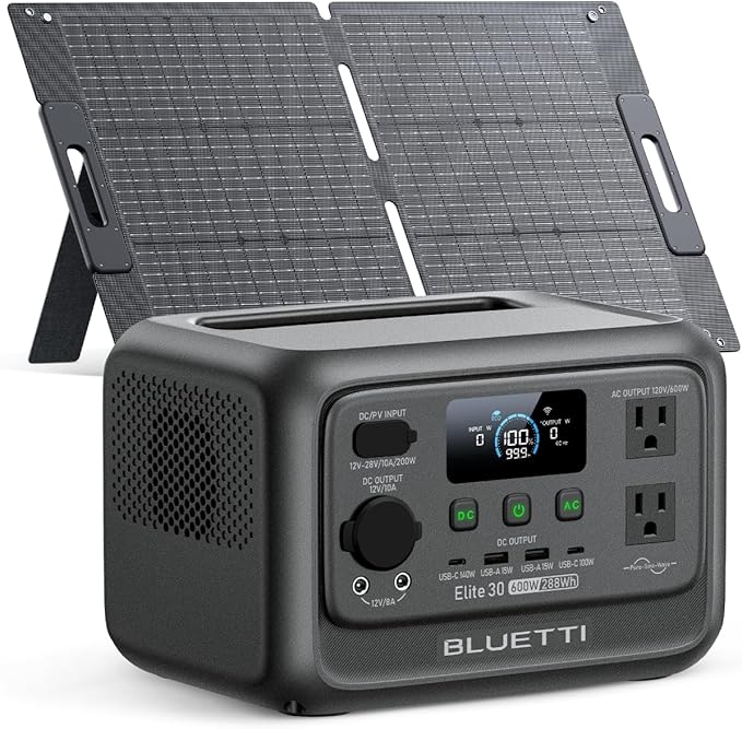 BLUETTI Solar Generator Elite 30 V2 with 100W Solar Panel (Ships Separately), 288Wh LiFePO4 Portable Power Station, 600W AC Outlets (1500W Power Lifting), for Camping, Home Use, Emergency