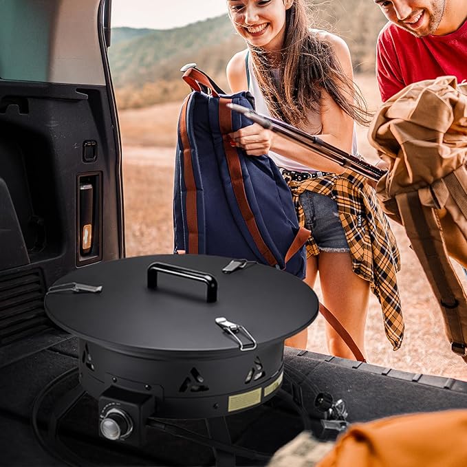 VEVOR Portable Propane Fire Pit, 19-Inch Diameter Outdoor Gas Fire Pit with Cover & Lava Rocks, Adjustable Flame Height Camping Firepit for Heating, Lighting, Gathering, 58,000 BTU, Black