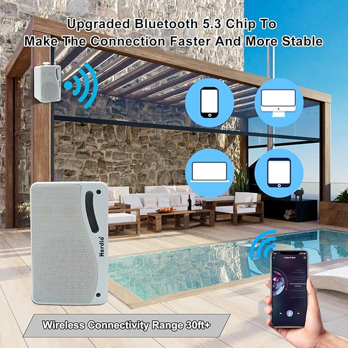 Herdio 3.5" Outdoor Bluetooth Speakers Wired Waterproof, 200W 3 Way Upgrade Premium Wall Mount Speakers, Durable Mountable Loud Sound System for Patio Indoor Deck Garage (White Pair)