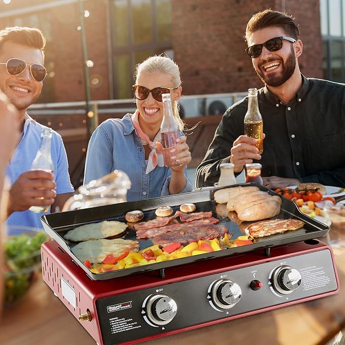 Royal Gourmet PD1301R 3 Burner Tabletop Propane Gas Griddle with Cover, 24 Inch Portable Griddle with 25,500 BTUs Output for Outdoor Cooking While Camping or Tailgating, Red