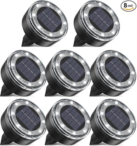Mini Outdoor Solar Lights๏ผ8 Pack Solar Garden Lights for Outside IP65 Waterproof, 8 LED Disc Landscape Lighting for Garden Yard Driveway Walkway Poolside Deck Lawn Patio,Cold White