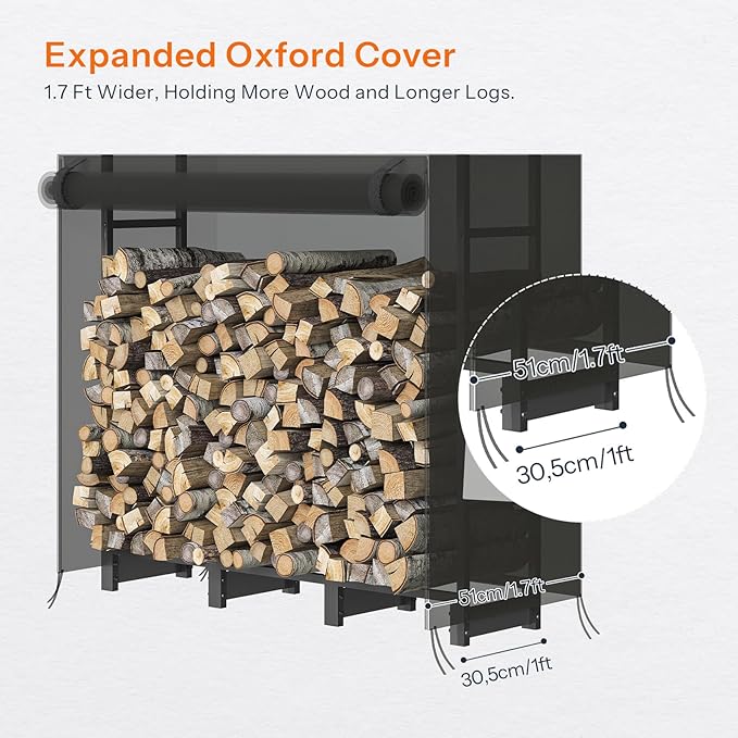 HOOBRO 4FT Firewood Rack with Cover, Outdoor Firewood Log Rack, Adjustable Log Holder with Waterproof Cover, Fireplace Wood Storage, Heavy Duty Wood Holder, for Indoor and Outdoor, Black BB01CH02