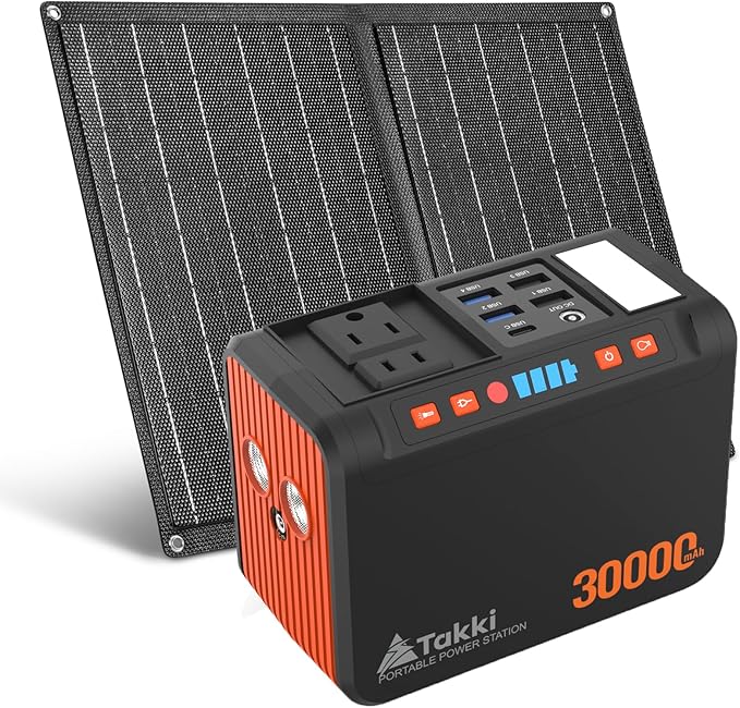 Takki 111Wh Solar Generator Portable Power Station with Panels 21W Included, 120W Peak Camping Solar Charger System Power Bank AC DC USB Ports for Camping Emergency Outdoor