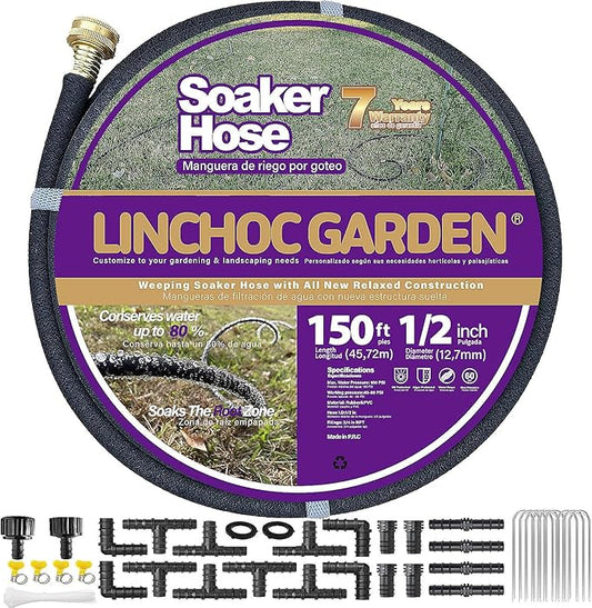 LICNCHOC GARDEN Soaker Hose 150ft,1/2 INCH Flexible Durable Garden Hose for Efficient Watering, Leak-Proof Design 100% Recycled Rubber,Ideal for Lawns,Gardens & Flower Beds